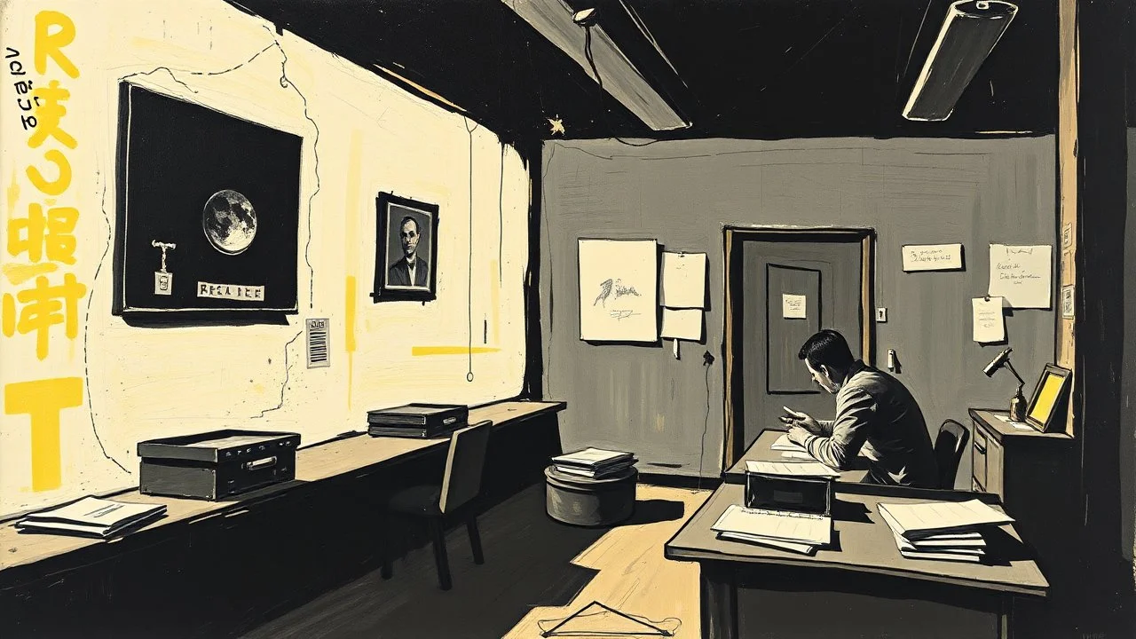 An expressionism, by Willem de Kooning, and Robert Motherwell, of a sad view of worker in office, brutalism