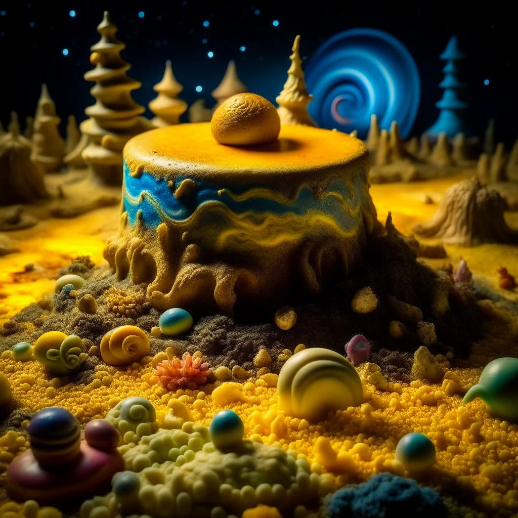 Detailed creepy landscape made of cake-frosting and modeling clay, stars and planets, Amano, Roger Dean l, strong texture, Ernst Haekel, extreme detail, intricate, colours, Max Ernst, decal, rich moody colors, sparkles, bokeh, odd