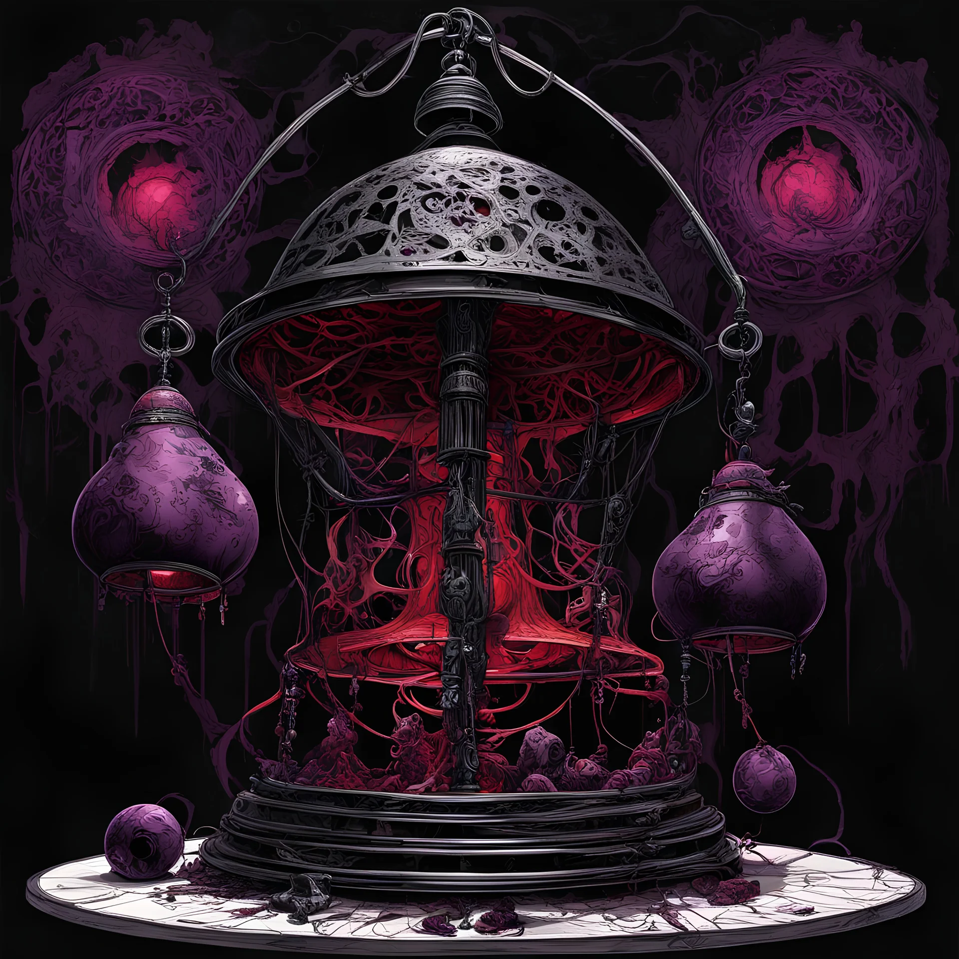 "Unringing the Bell paradox" Nightmarish Surreal Mixed-Media Art by Paul Rumsey and Chris Bachalo, Double-Exposure, Shadows and Highlights, Tenebrism!, Volumetric lighting, dark colors, minimal, Unsettling Disturbing!, crimson and dark_violet color scheme
