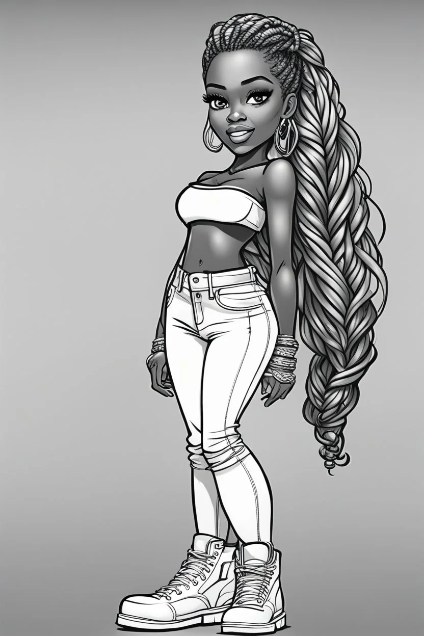 Create a black and white coloring page of a cartoon of a curvy African American chibi female wearing tight jeans and a off the shoulder blouse. She is also wearing timberland boots.. Highly detailed very long extremely braids of hair. Her skin is smooth and silky. Background of a track of ATV riders. No coloring, no shading, no grayscale,