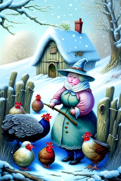 Friendly witch, playing with hens, perfect eyes, pastel colours, snow, style Beatrix Potter