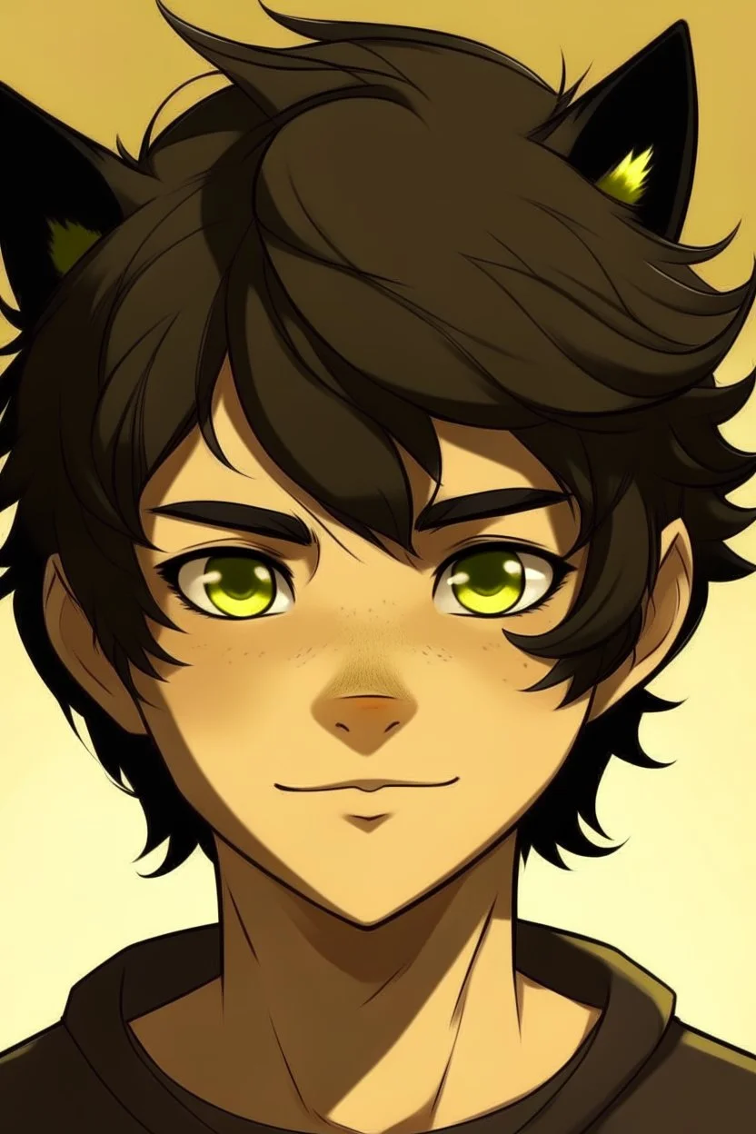 At teen male with messy black hair, gold eyes, large black cat ears, slight smile, tan skin