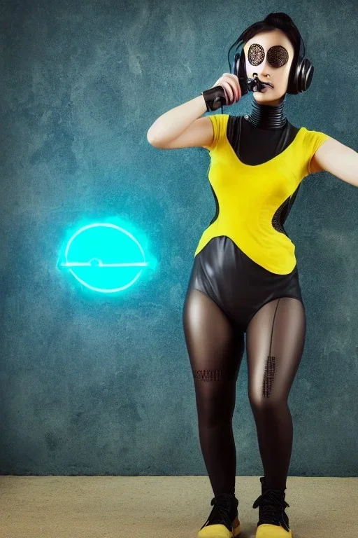 Realistic photograph. Geometric 3D tiling on the background, woman, Whip. Bronze color, Yellow, Black Cyan. Cyber-punk full-mask. Big old AKG headphones, golden rings & disc. Selfie both hands. Asian, lightly armored, electronic circuits. Thick tights, thick calves, bend fell, wide hip, flat belly. Ancient artifact attached. Perfect body. Matrix movie clothes, Silver leather area, tippet, latex. Wicked sneakers. Daft Punk, Tron Movie. Egyptian Haute Couture. 1990's. Ancient telephon