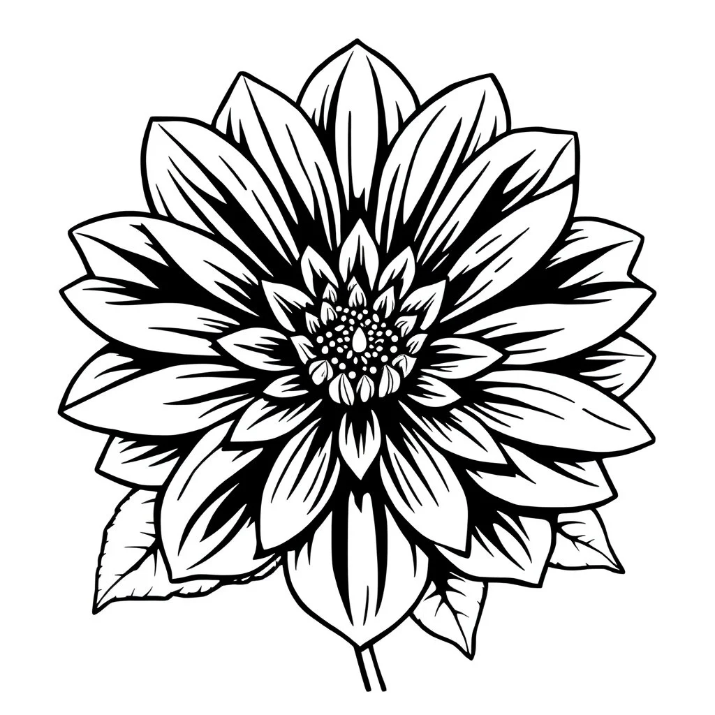 A stylized black and white line drawing of a baby portrait featuring detailed petals, a center, and leaves, pure white background