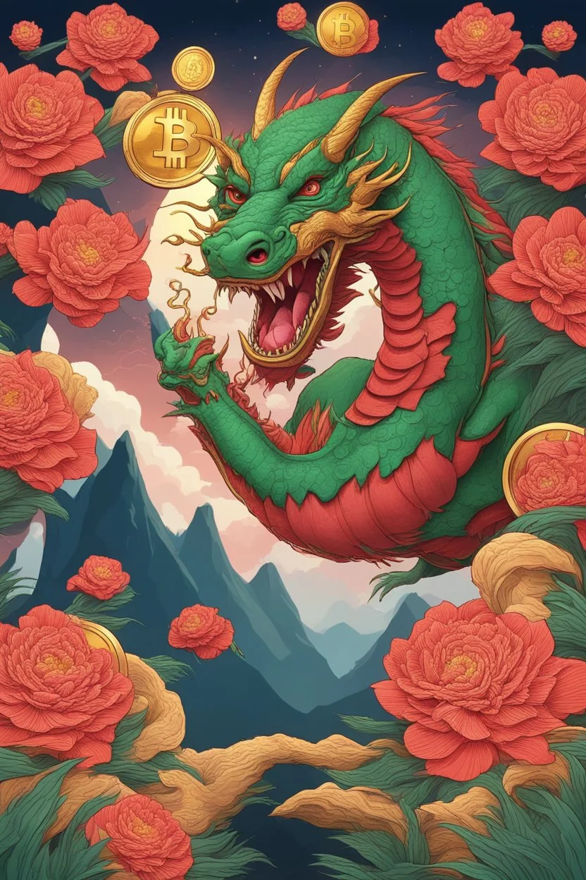 Bitcoin cryptocurrency and dragon, moutains are far away, it is happy new year, we can see flowers are in full bloom