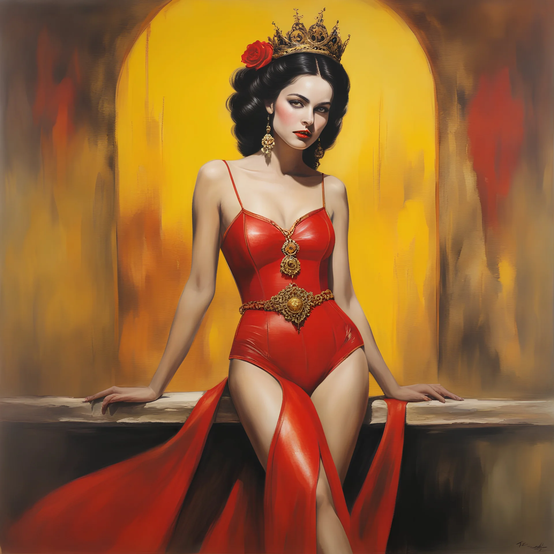 a Beautiful, Pretty, Alluring, Snow White beauty queen, wearing a red leather sling suit with a gold/yellow bat emblem on the waist, dark, multicolored watercolor stained wall in the background, oil painting in the art style of Frank Frazetta, 32k UHD, Hyper realistic, photorealistic, realistic, sharp, highly detailed, professional quality, beautiful, awesome, majestic, superb, trending on artstation