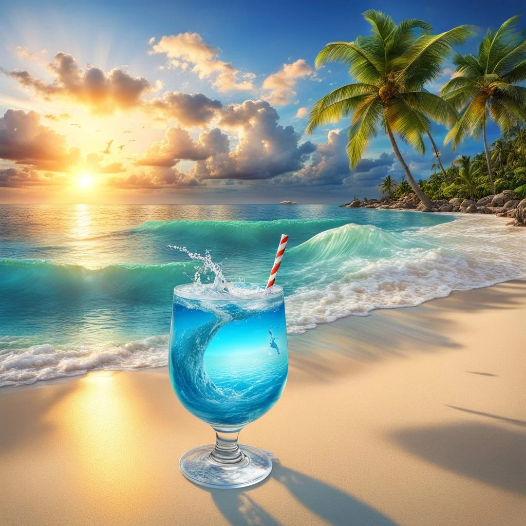 tropical island paradise in the middle of the blue sea, POV from seat on beach with a tropical drink in hand, dolphins leaping from azure waters against a brilliant sunset, photorealistic, high-resolution, reminiscent of South-Pacific views, by Joel Rae, by Michael Kincade, high complexity detail, 64 megapixels, HDR