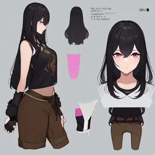 Clear focus,High resolution, Black long fluffy hair, long bangs, and pink eyes, Depressed girl, wearing a crop top, brown raggidy shorts, short black fingerless gloves, Concept art,