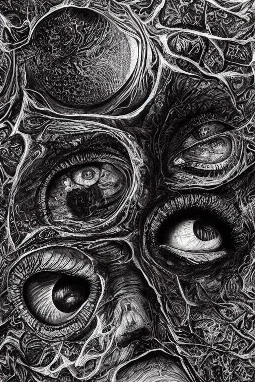 Extreme close-up, hyperdetailed photorealistic charcoal and ink mixed media drawing of a pair of eyes, vignette, tessellation fractal black and white, migraine migraineur pain, horror, stygian, gouache Jan Van Eyck John Stephens James McCarthy