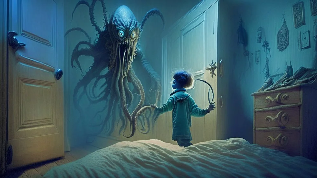 a lovecraftian alien overlord emerges from a child's bedroom closet but is terrified by a child holding a magical sword