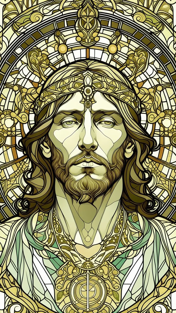 jesus portrait| centered | symmetrical | key visual | intricate | highly detailed | iconic | precise lineart | vibrant | comprehensive cinematic | alphonse mucha style illustration | very high resolution | sharp focus | poster | no watermarks, plain background