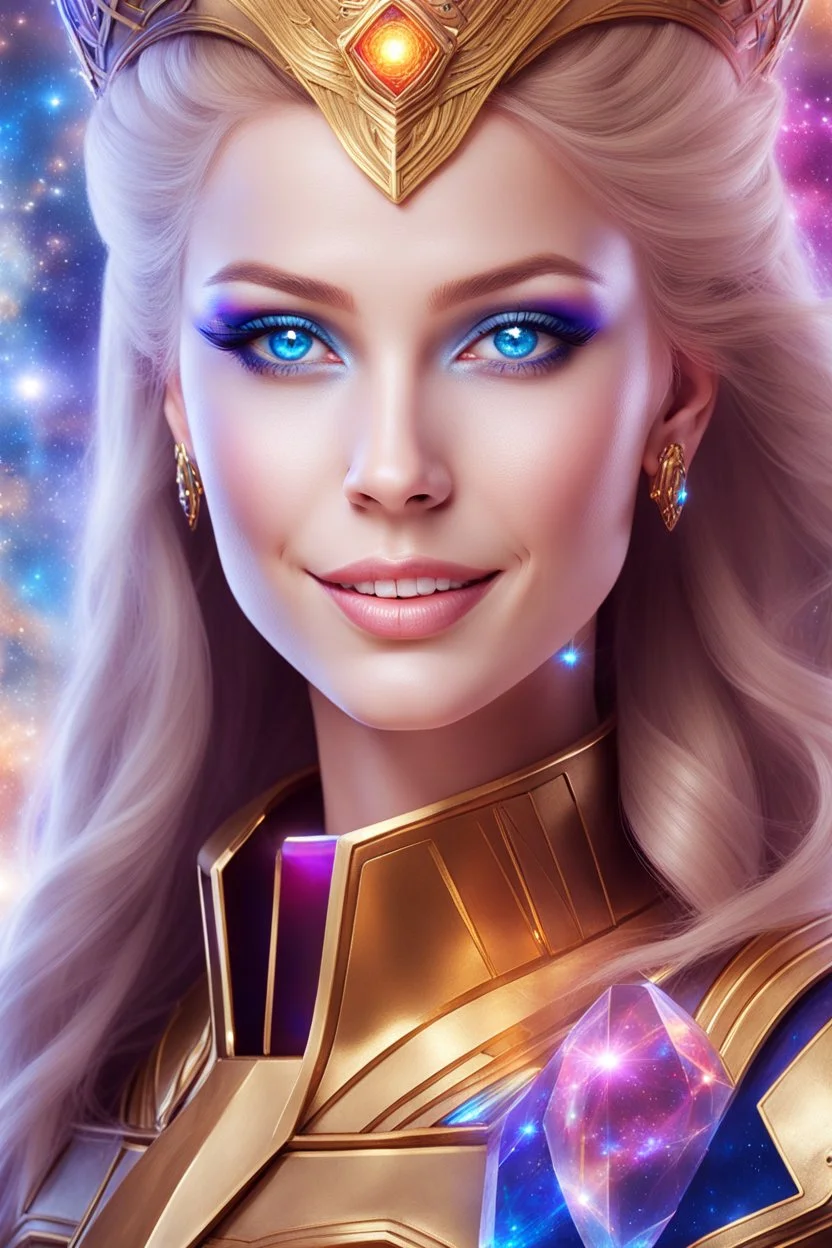 cosmic woman smile, admiral from the future, one fine whole face, crystalline skin, expressive blue eyes,rainbow, smiling lips, very nice smile, costume pleiadian, Beautiful tall woman pleiadian Galactic commander, ship, perfect datailed golden galactic suit, high rank, long blond hair, hand whit five perfect detailed finger, amazing big blue eyes, smilling mouth, high drfinition lips, cosmic happiness, bright colors, blue, pink, gold, jewels, realist, high commander