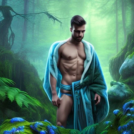 crazy detail, magical forest background, waterfall, blue but cloudy skies,close up of body of cute dark male poet sleeping wearing soft robes and blue gloves,dark stone statue, lively eyes,hidden hands, framed by foliage, shiny eyes, holding up scroll