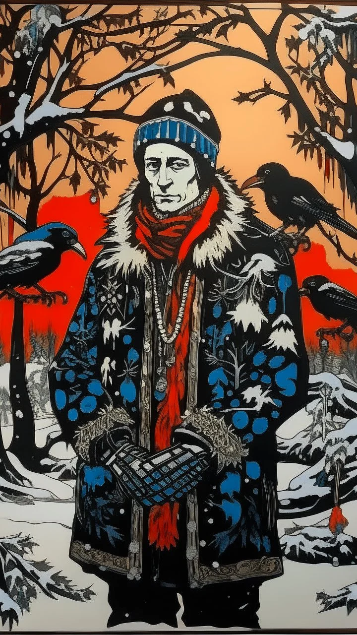 A contemporary serigraphy portrait by Matisse and Kunisada of a human-like crow dressed with a punk leather jacket within a snowy Christmas atmosphere.