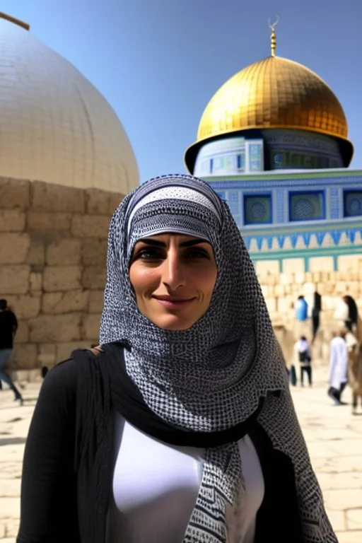 A woman wearing a keffiyeh in Jerusalem near the dome of rock