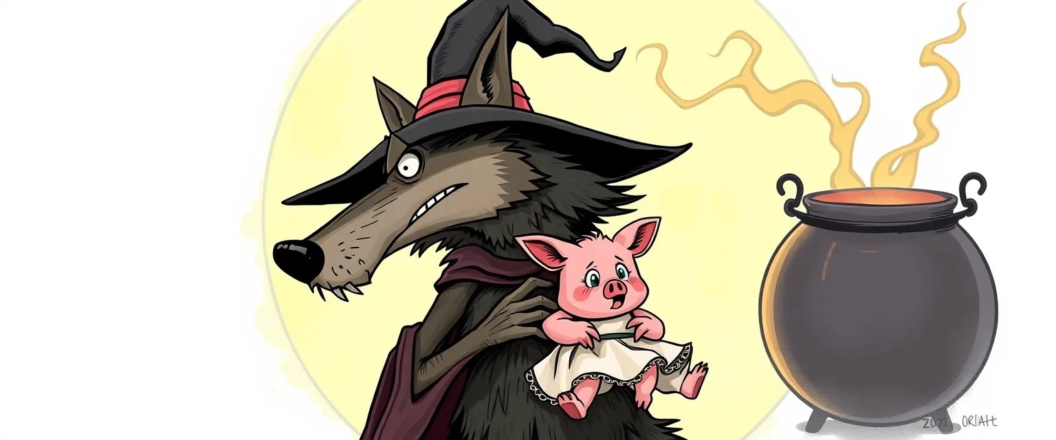 witch wolf carrying a lovely scared wtf are you up to, pig girl with dress under his arms, big cauldron in the background , stupid cartoon, airbrush and pen outline