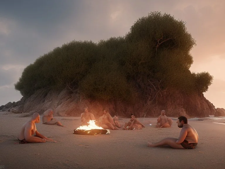 photography of a sicilian baywatcher burly sweat chubby 44 years old , swimwear, manly chest ,tattoo, curly hairs, long beard, sitting on a beach chairs at the beach at midnight , illuminated by bonfire, photorealistic, 8k, Canon EOS, 35mm lens, , unreal engine, greg rutkowski, loish, rhads, beeple, makoto shinkai and lois van baarle, ilya kuvshinov, rossdraws, tom bagshaw, alphonse mucha, global illumination, detailed and intricate environment