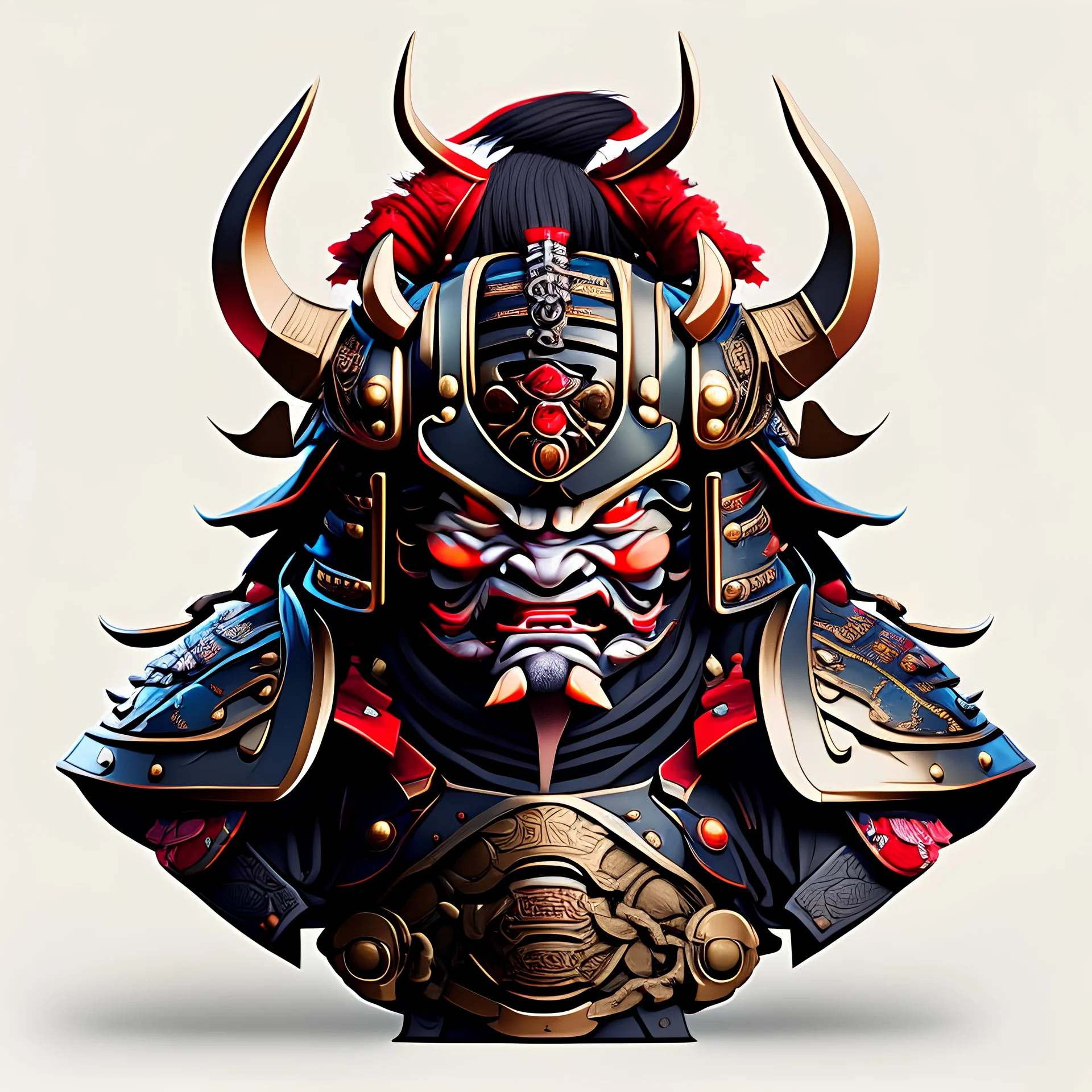japanese oni in shogun armor, head only, front view, anime style, flat colors, no background colors