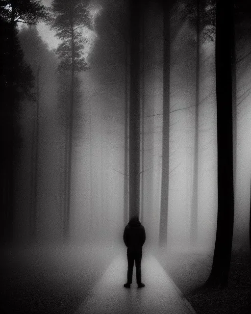 Sad person, greyscale, forest, cloudy, midnight