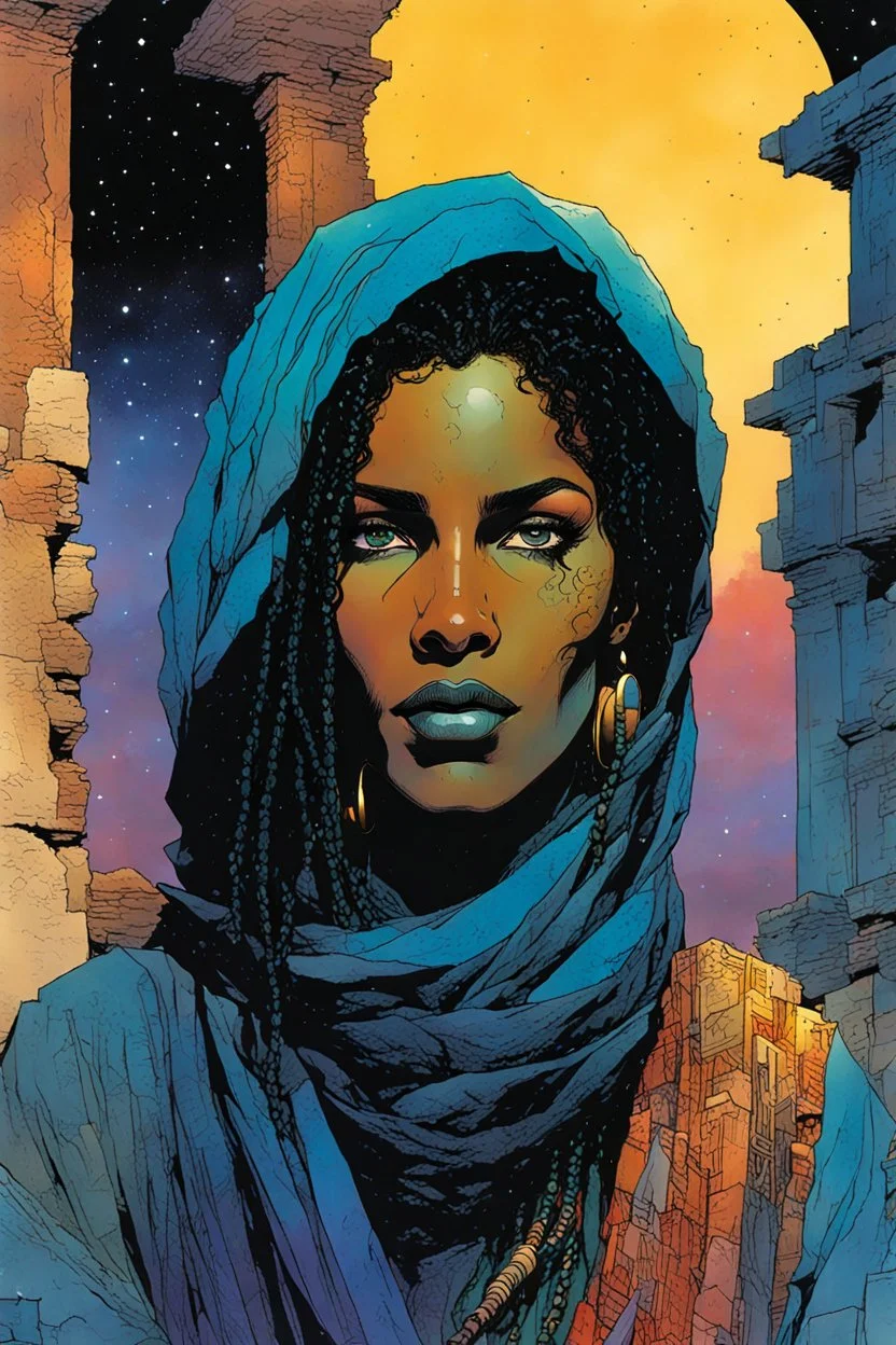 create an imaginative illustration of a Tuareg female, in traditional dress, with finely detailed facial features, short dreadlock hair, in the ruins of Djemila under the midnight sky, in the comic book art style of Bill Sienkiewicz, Mike Mignola, and Jean Giraud Moebius, finely textured, drawn, colored, and inked