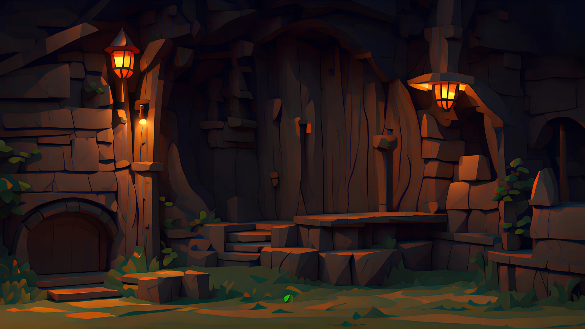 fantasy environment a hobbit hole entrance view from outside on the street, dusk early evening light blocky 3D low poly cartoon render style