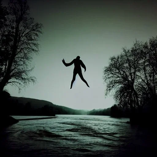 dark man shadow float in sky. scared people. river. river rock . valley . night