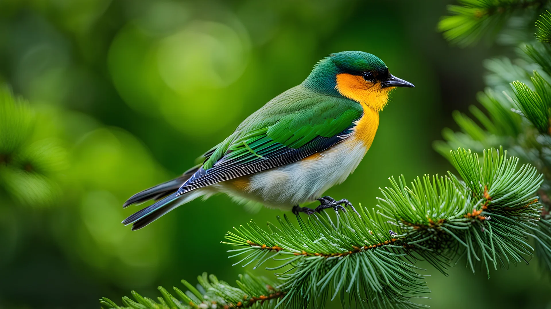 A vibrant, ecological scene captured by John Eyre: A small bird perched on an evergreen branch adorned with colorful green leaves. This macro photograph showcases the beauty of a coniferous forest, with a focus on a single pine tree surrounded by spruce and maritime pine trees. The highly detailed leaves create a stunning green flora landscape, truly showcasing the enchanting allure of pine forests.