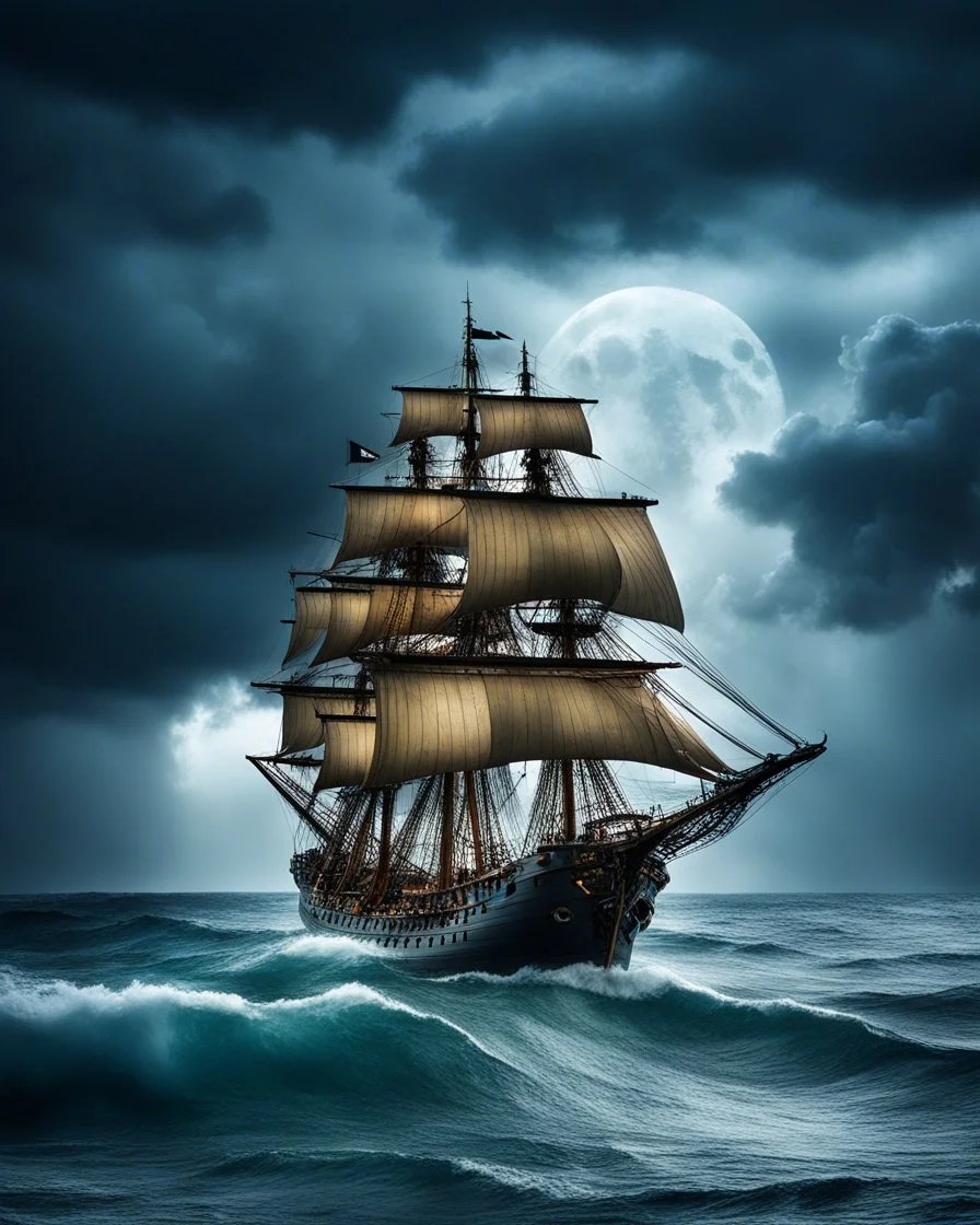 ultraralistic photography of pirates ship in storm with a stormy cloud and big moon