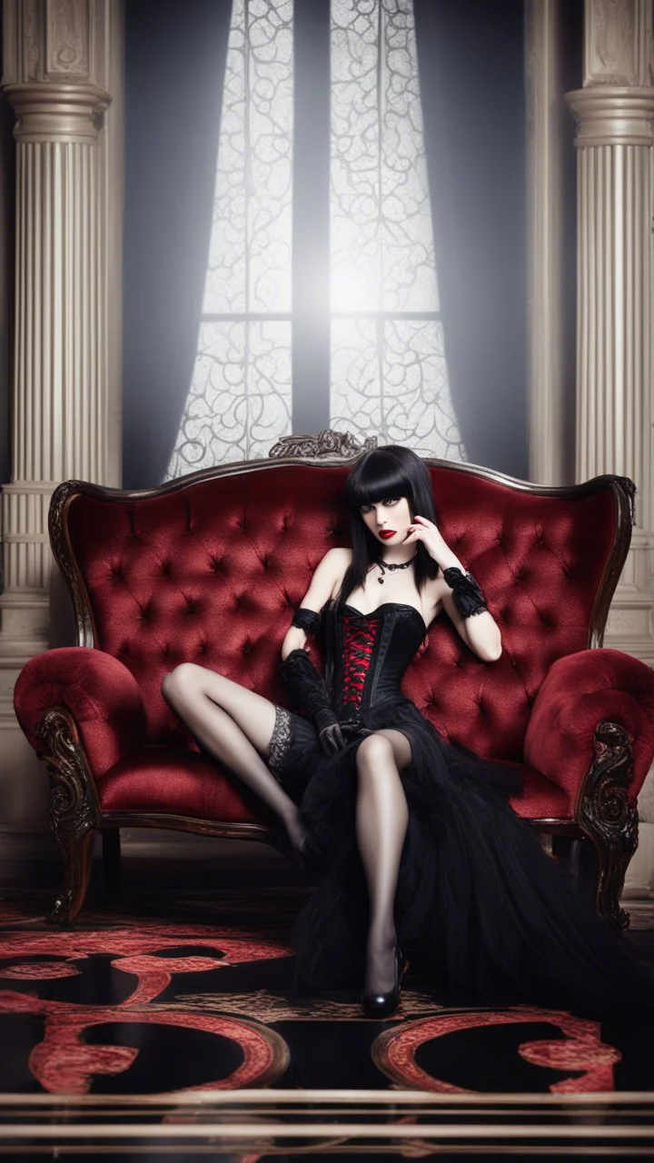 Full-body shot, of slender goth woman, lying on a couch, long straight brunette hair with bangs, fair skin, red lips, slender, flared skirt, corset, stockings. fantasy background.