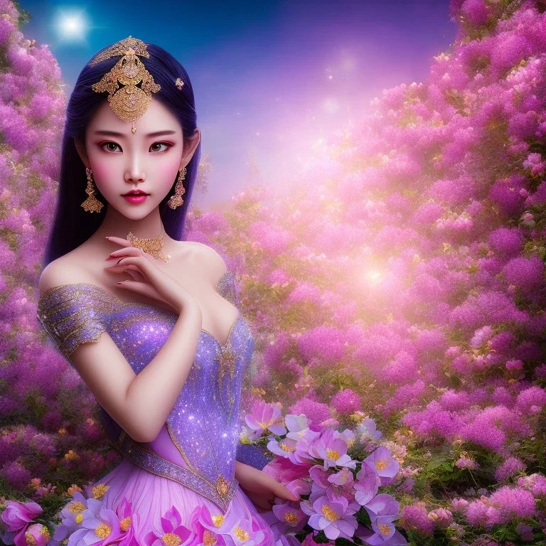 bright fairy, beautiful portrait of asiatique beautiful girl, flowery a magical crystal flower lys bougainvillier, blue gold house indian palace castle in the woods, magnolias pink,blue lake,sun,white swanns,pink vertical, blue lake,sharp, vines, candlelit, endor, ornate, elegant, highly detailed, artstation, concept art, smooth, sharp focus, illustration, 8k, splash art, wallpaper, key visual