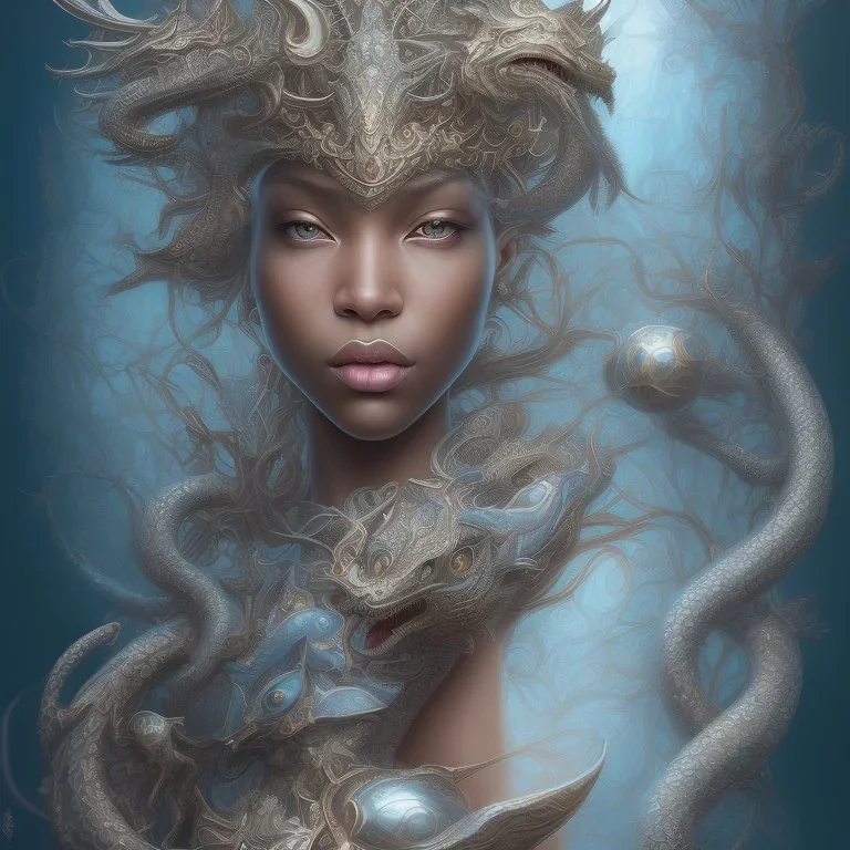 sango fantasy, fantasy magic, intricate, sharp focus, illustration, highly detailed, digital painting, concept art, matte, artgerm and paul lewin and kehinde wiley, masterpiece sexy lips Asian afro lips black African lady body mermaid Dragon head silver bright snow lady outer space mermaid pretty skull head