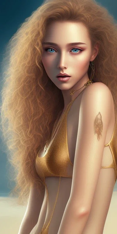 Full body picture of Realistic girl photo, super detail, swimsuit model, medium hair, curly hair, golden gray hair, black eye, 16k resolution, super hd, 4000 Pixel,