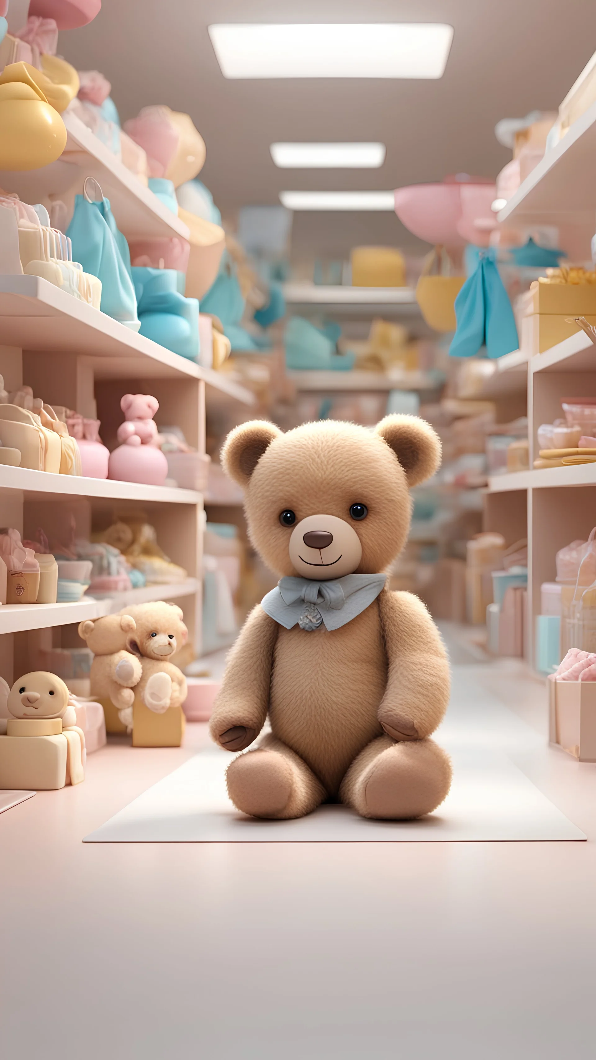 3d imge of teddy sit on table inside th middle of baby shop or baby store