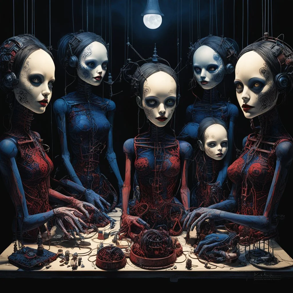 Doll parts assembly line, Nightmarish Surreal Mixed-Media Art by Paul Rumsey and Chris Bachalo and Bill Carman, Double-Exposure, Shadows and Highlights, Tenebrism!, Volumetric lighting, dark colors, minimal, Unsettling Disturbing!, crimson and midnight_blue color scheme