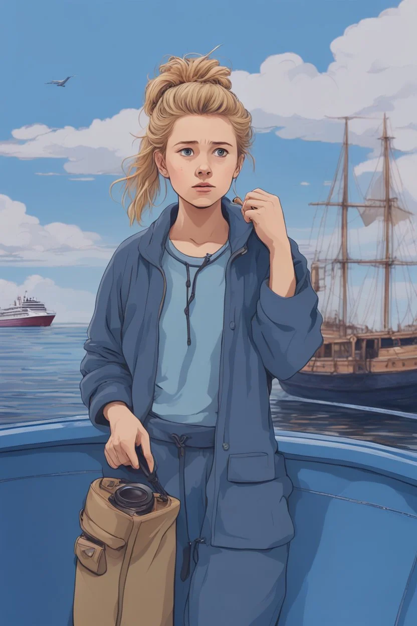 23 years old girl, with blond hair and a messy bun like selah sue. standing on in a blue boat, wearing blue clothes and holding binoculars watching something in the middle of the sea. You see the whole boat. You see the gril in front. It's a ferry. Wes anderson style. In front. Sarcastic vibe. Old school interior. she stands in the kitchen of the boat.