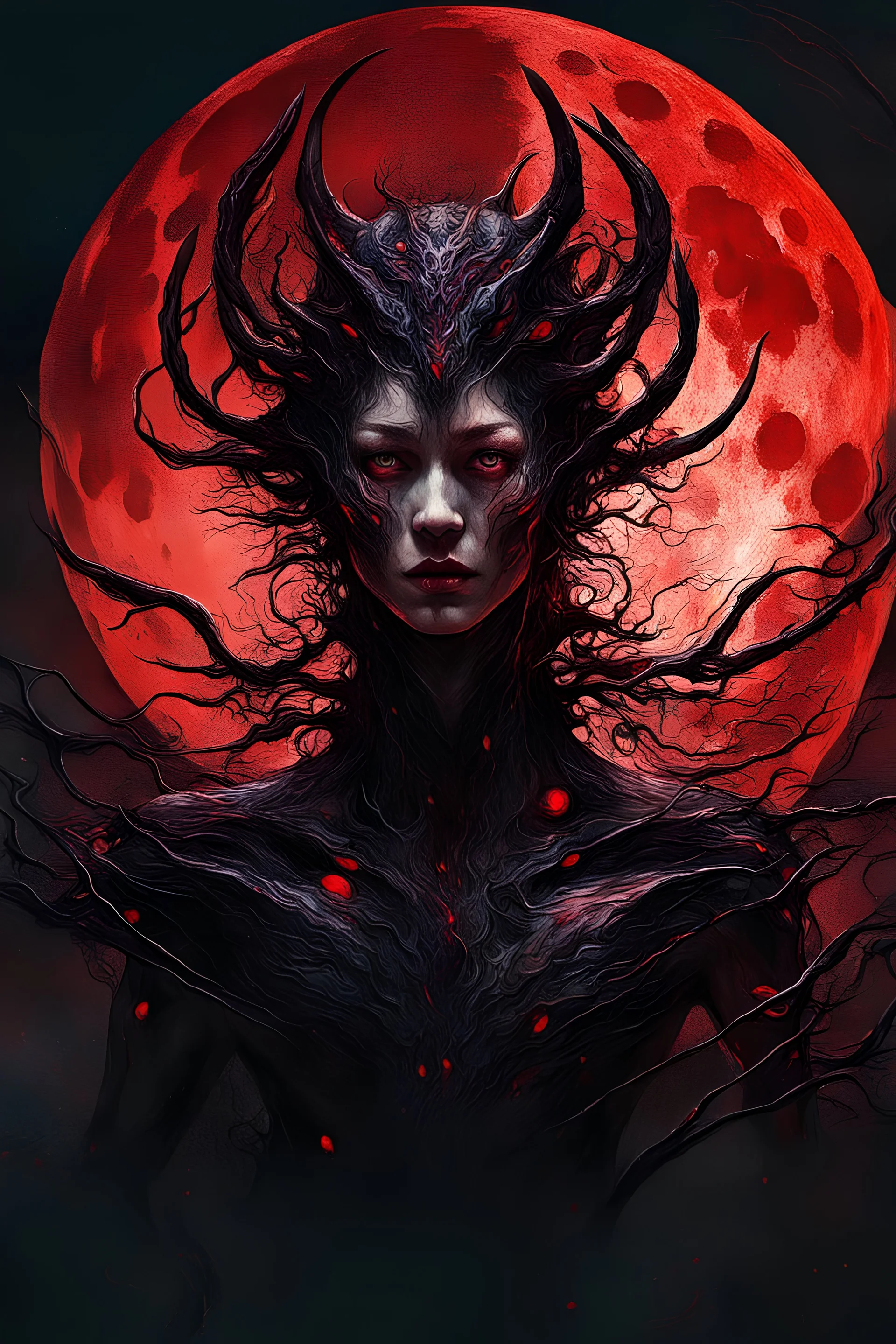 A dramatic digital painting portraying a figure under the Red Moon, veins pulsing, claws of temptation visible, soul in turmoil. In the style of Giger and Salvador Dali and Van Gogh, vivid colors, swirling brushstrokes, highly detailed, 8k resolution, surrealistic., by Ryohei Hase, Agnes Cecile, Raymond Swanland, Anne Bachelie