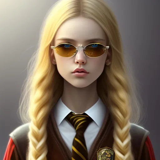 Girl with long wavy brown blond hair, yellow hawk eyes. Wears Hogwarts Hufflepuff uniform and sunglasses with a yellow clip.