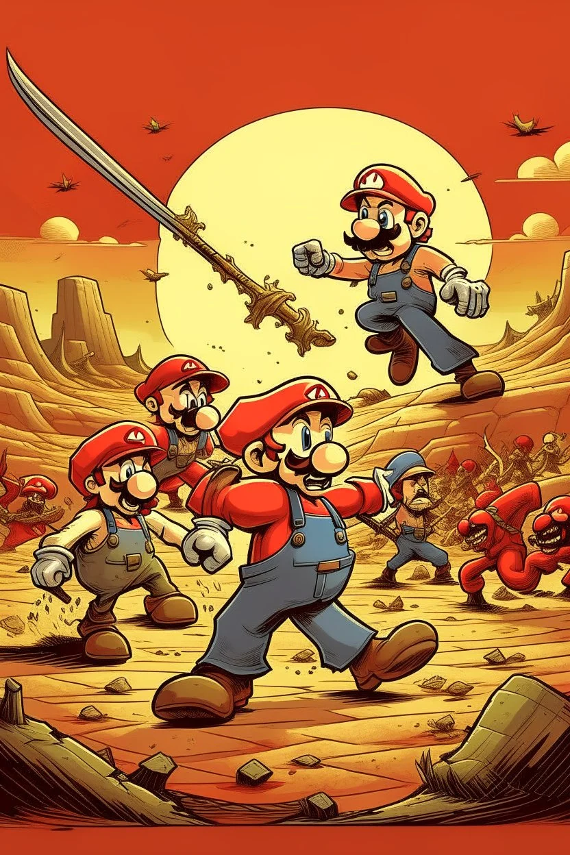 Super mario fighting zombies with a sword in the desert.