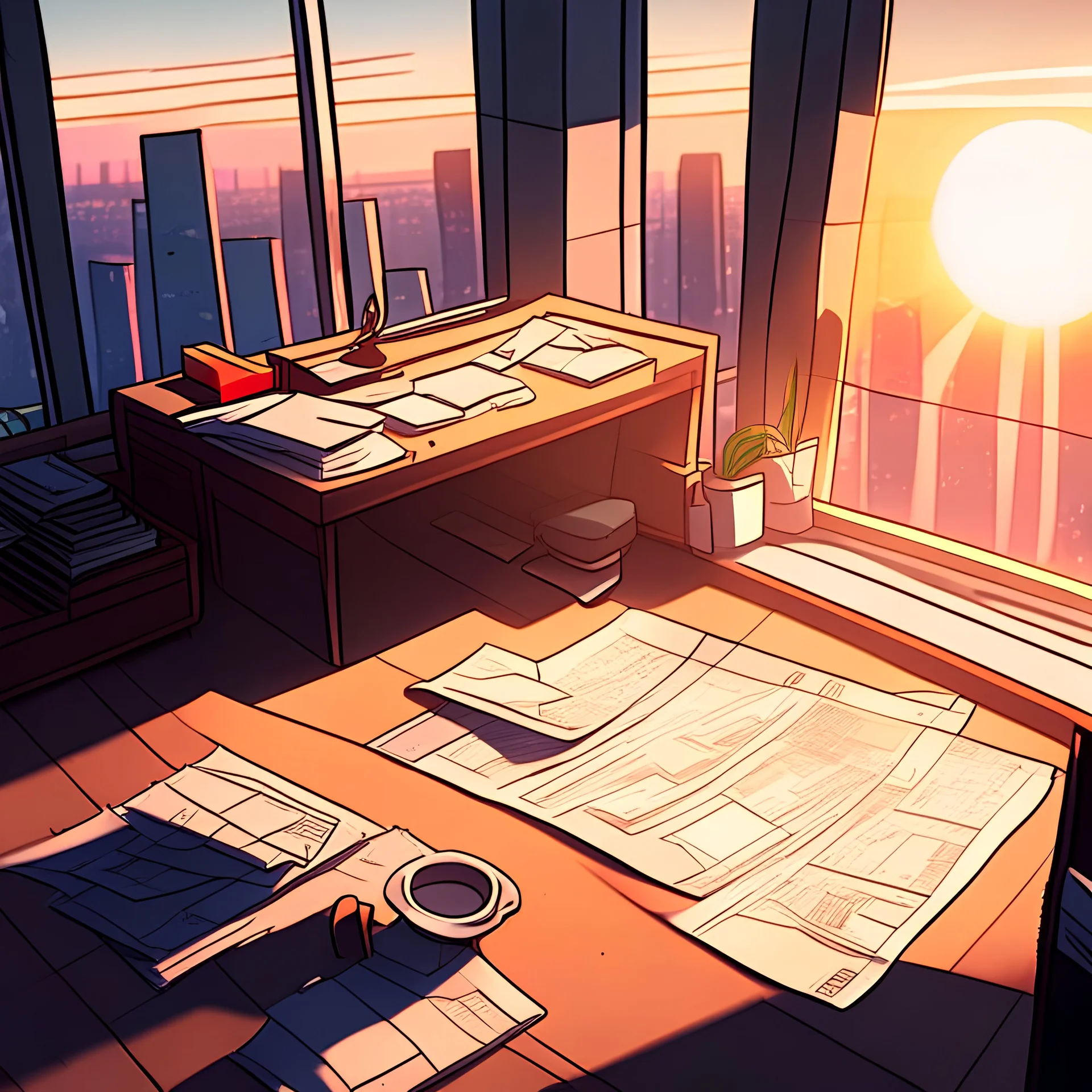 morning sunrise office with papers on the floor and on the desk view from a high floor in a skyscraper cartoon vampire world