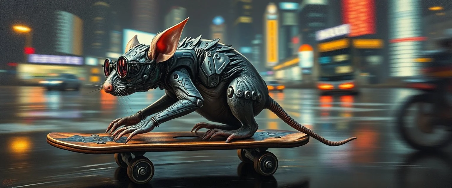 master oil painting by Rembrandt,the tilted quilter,glasses and ticks, cyberpunk imagery synchronized mechanical gremlin rat bat laying low, drumming kit flat board trike flickering stable core, wet reflective salt flat city, fast motion blur background