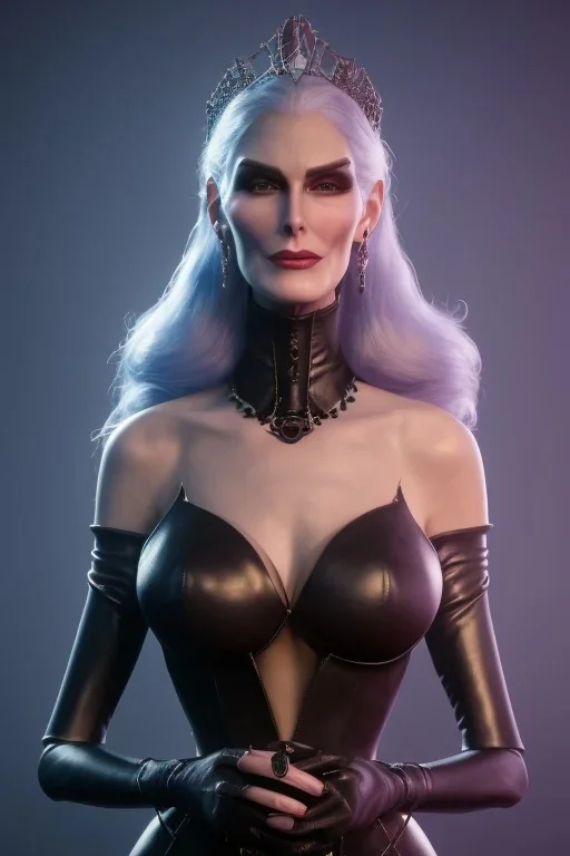 Carmen Dell`orifice as evil queen in black leather, leather, busty, cleavage, angry, stern look. character design by cory loftis, fenghua zhong, ryohei hase, ismail inceoglu and ruan jia. unreal engine 5, artistic lighting, highly detailed, photorealistic, fantasy