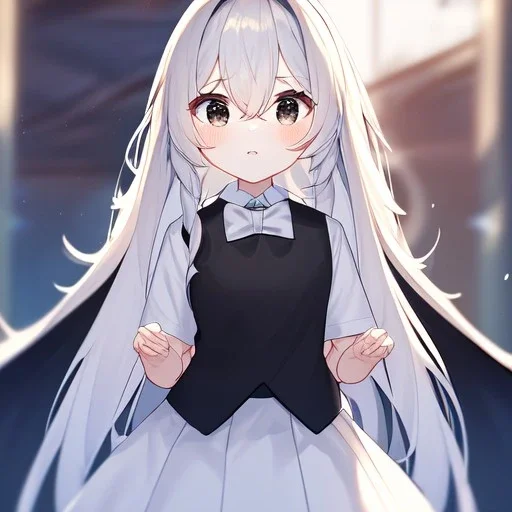 Clear focus, High resolution, Rough line, cute, cartoon style, black long hair, fluffy hair, long locks, spiky hair, wearing a white shirt with a black vest, wearing a white collar and a grey bow, wearing a white skirt, black eyes