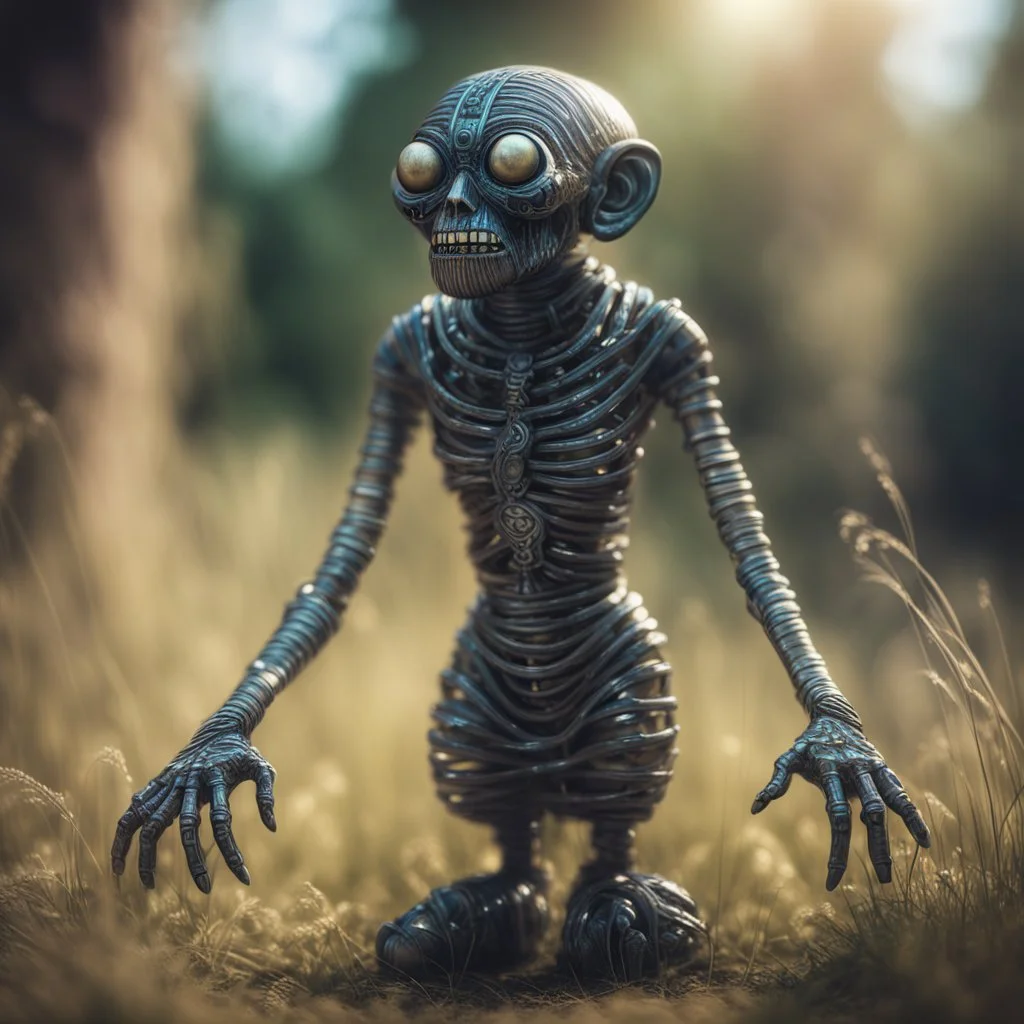 electric egyptian mummy troll in the style of giger, in t-pose made from tinted murano glass in long grass ,bokeh like f/0.8, tilt-shift lens 8k, high detail, smooth render, down-light, unreal engine,bokeh like f/0.8, tilt-shift lens 8k, high detail, smooth render, down-light, unreal engine