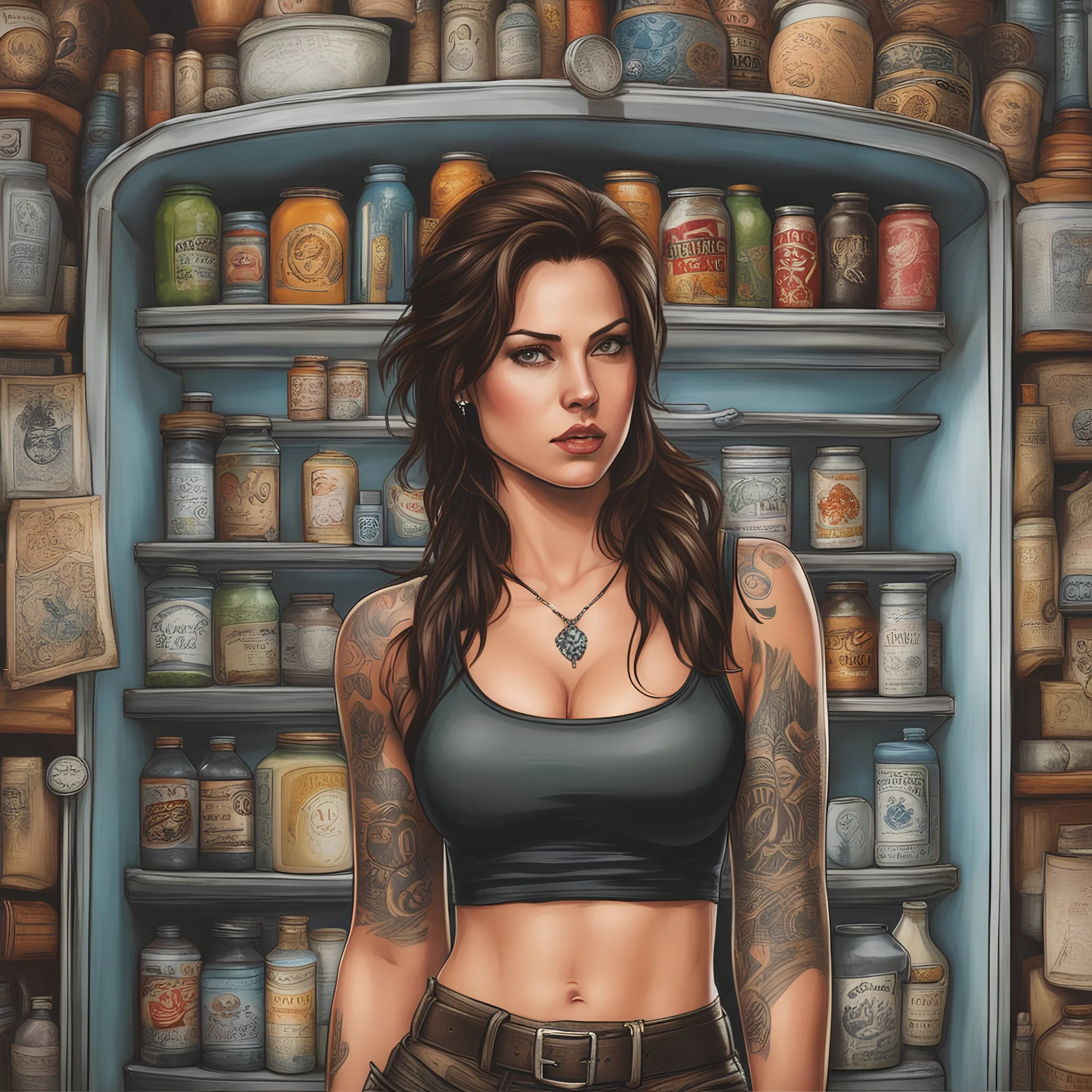 Picture of a photrealistic, lifelike,young 33 year old chubby extreme tatood extreme fridge raider Lara croft style with punker