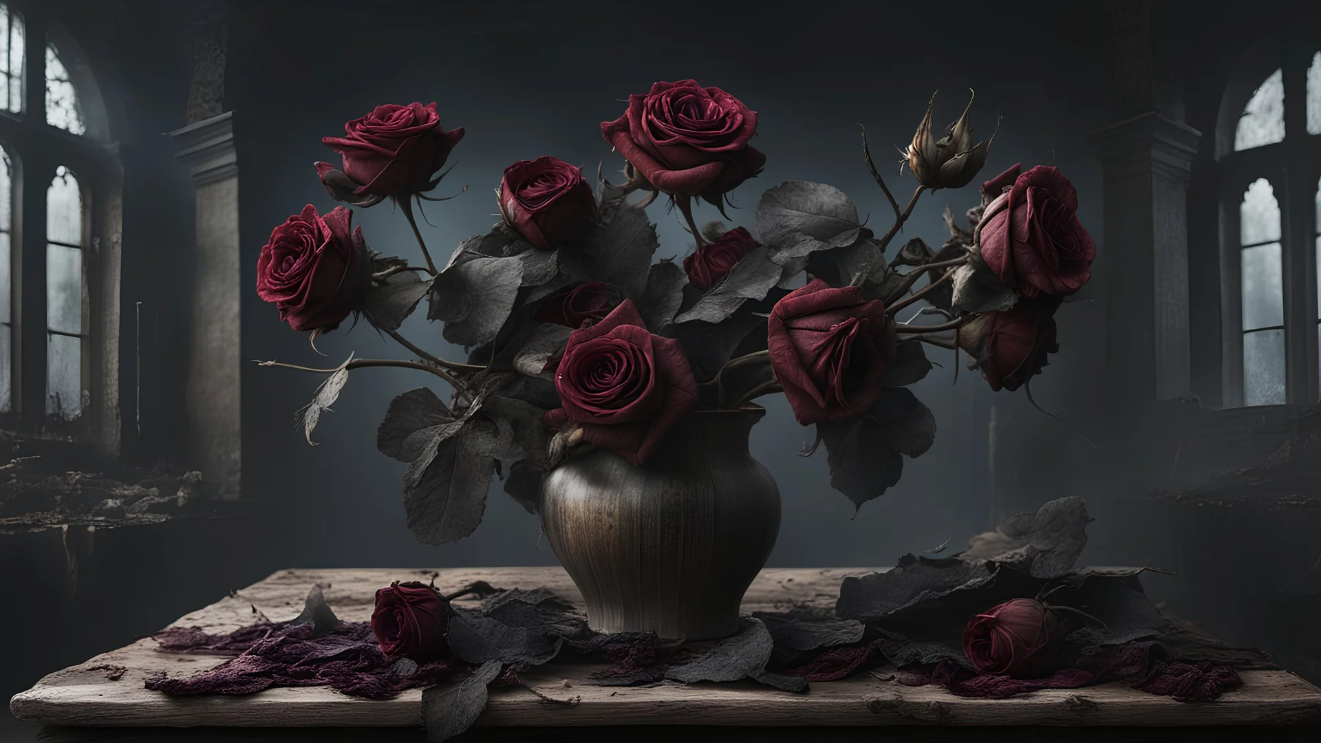 withered black roses lie down on the wood table in an old ruins room, detailed matte painting, deep color, fantastical, intricate detail, splash screen, complementary colors, fantasy concept art, 8k resolution , sinister, crepy, a masterpiece, 8k resolution, dark fantasy concept art, hyperdetailed, intricately detailed, Splash screen art, deep color, Unreal Engine, volumetric lighting,