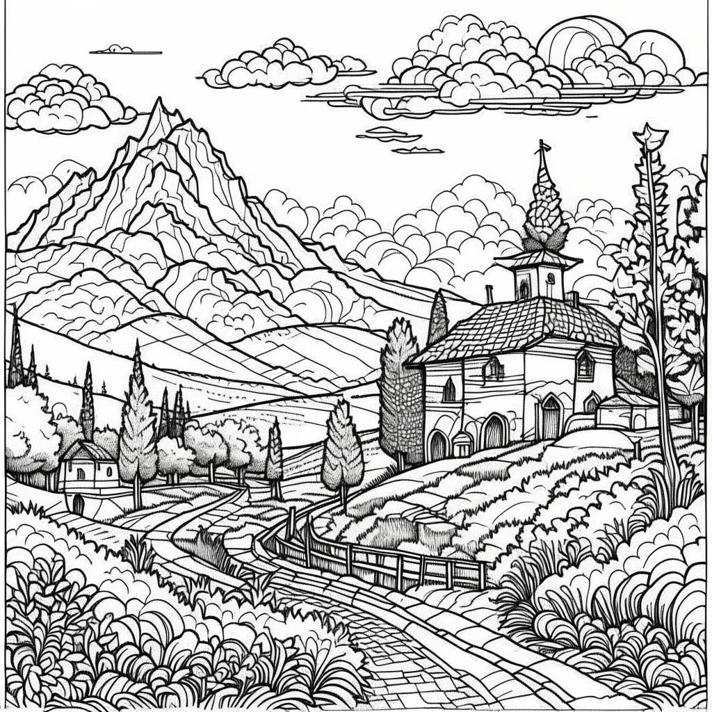 Outline art for coloring page with a cute mountain landscape white background, sketch style, only use outline, clean line art, white background, no shadows, clear outline