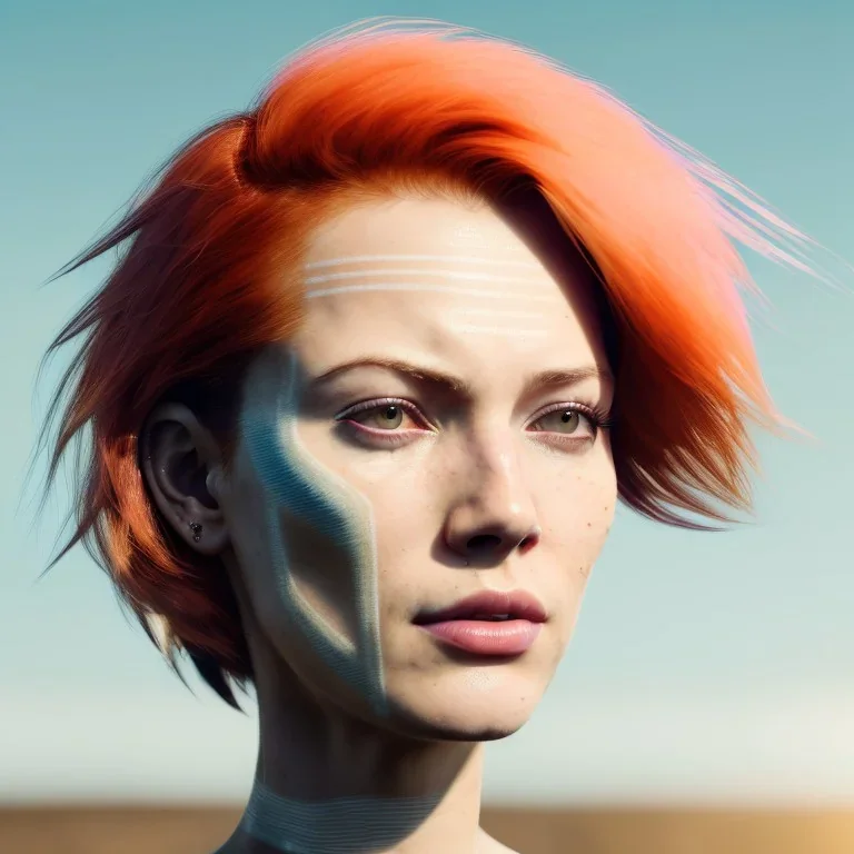 A beautiful portrait of a cyberpunk woman with lot's of grain on her skin red head with hair flying in the wind cyborg smiling facing camera orange color scheme, high key lighting, volumetric light high details with white stripes and feathers unreal 5, octane render, cinema4d, dynamic lighting, dramatic lighting, 4k, redshift render, highly detailed, hyper realistic