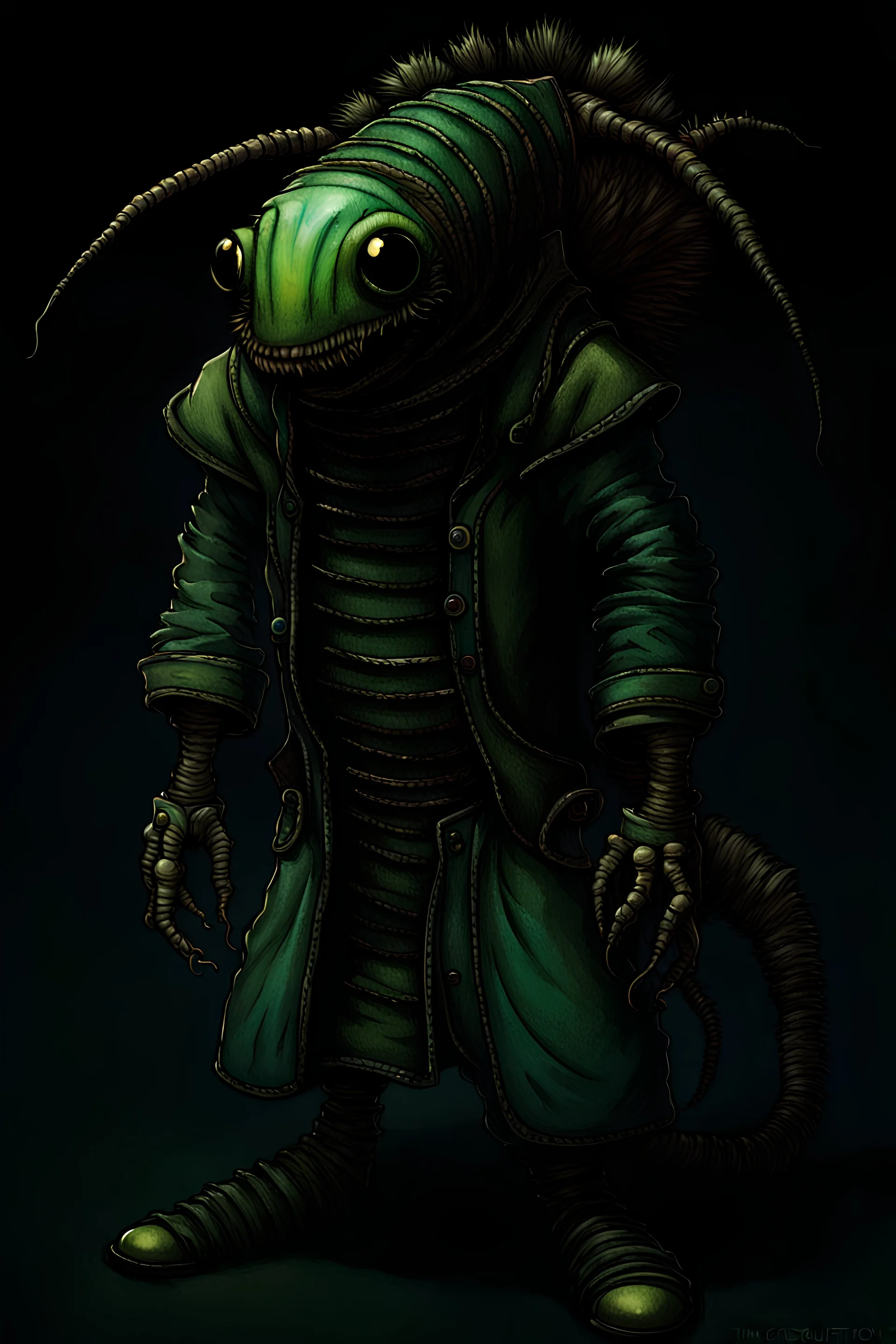 Artist Jean-Baptiste Monge style. A old biomorph male humanoid with Centipede face. Bright eyes. A green and blue striped outfit. Modifiers: Tim Burton Craig Rutkowski Modifiers:neon glowing Iridescent black ink