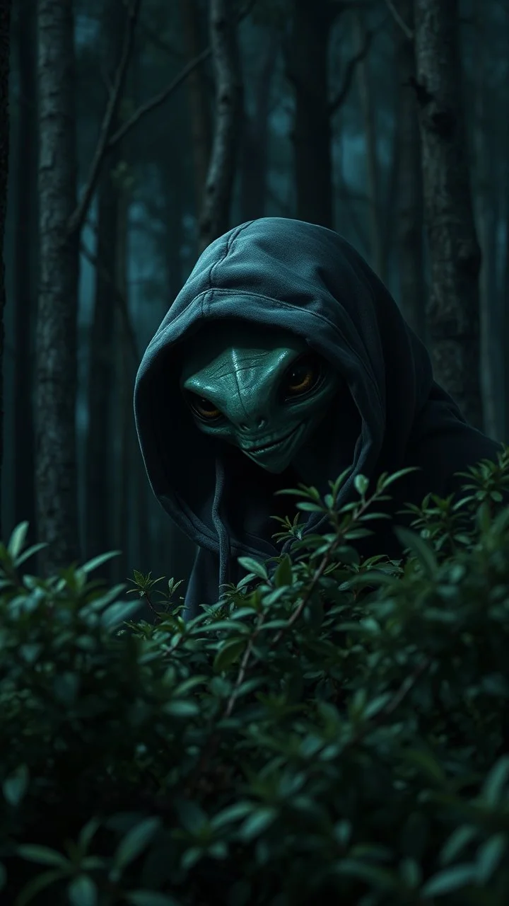 A hooded alien peeking out of a bush in a forest at night, photorealistic