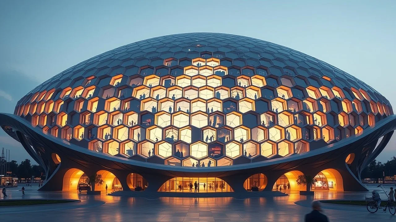 A sprawling structure with a shell-like, curved exterior made of cutting-edge, solar-absorbing materials. The building features an array of hexagonal windows that maximize natural light and provide a futuristic, honeycomb aesthetic. Award-winning photograph, beautiful composition, exquisite detail and illumination, geometric perfection